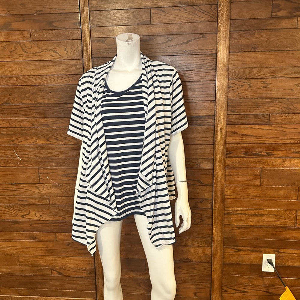 Tradition. Size 24W or 3X. Striped blue and White Cardigan and Top Set